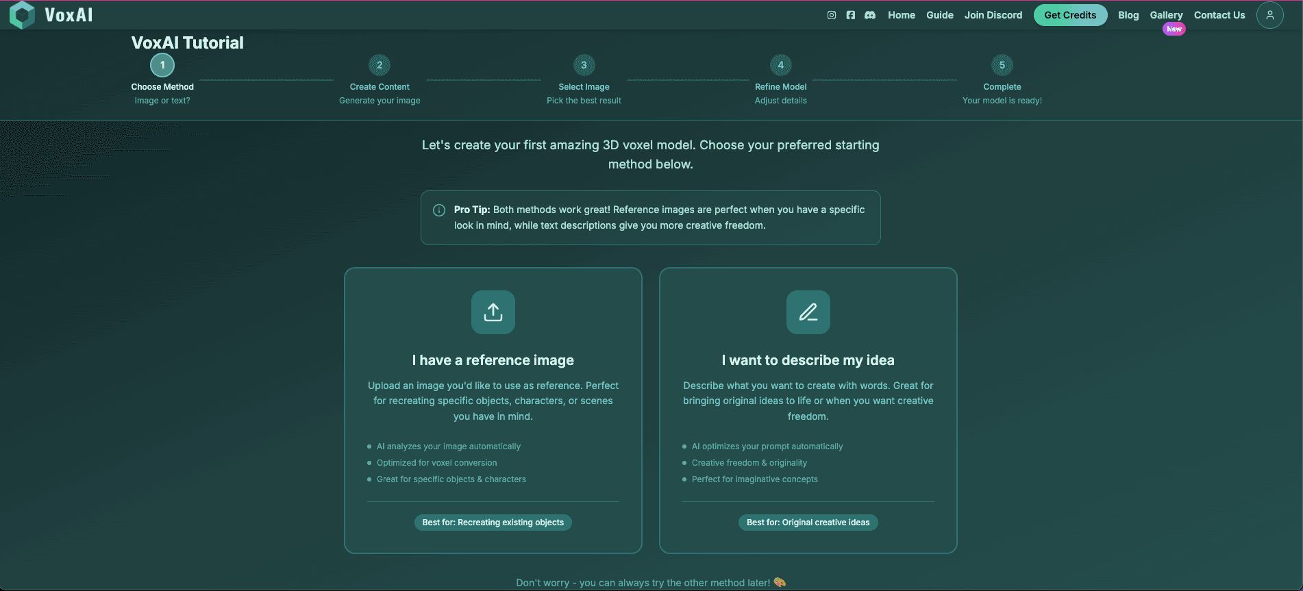 VoxAI Tutorial Step 1 - Method Selection